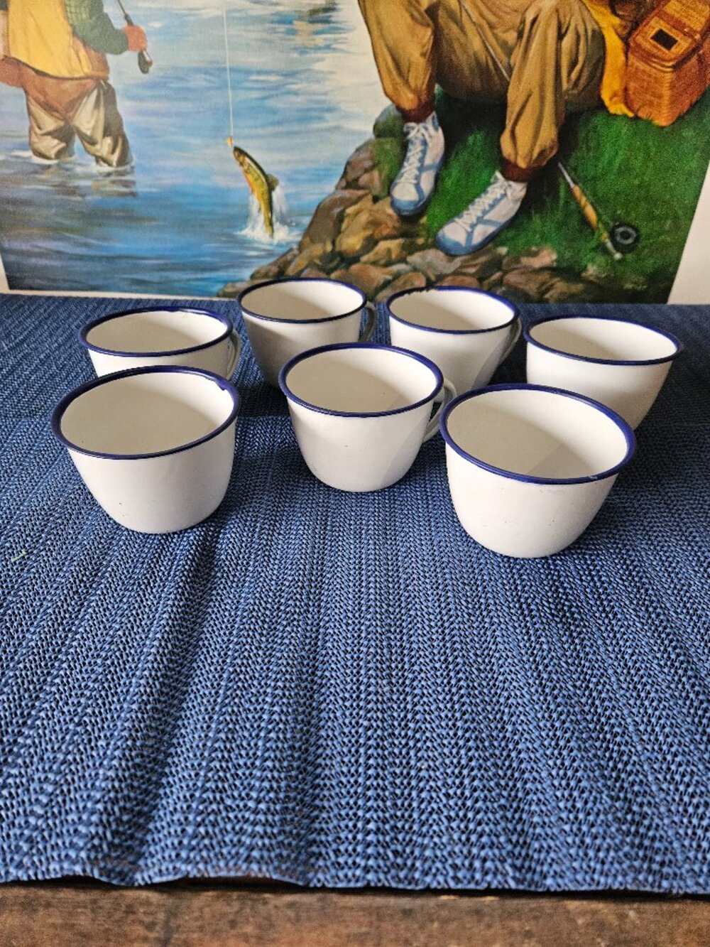Vintage Enamel White with blue trim Coffee/Tea Camp Cups (G1)